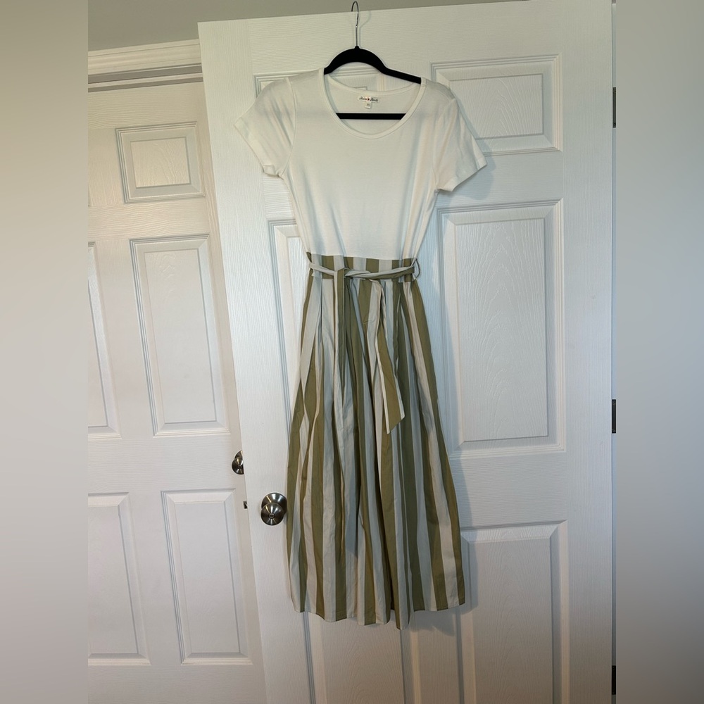 Olive and Cream Striped Midi Dress with Tie Waist